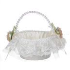White satin wedding flower girl basket with pearl handle for wedding ceremony and home decor
