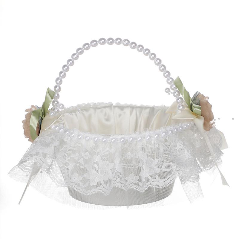 White satin wedding flower girl basket with pearl handle for wedding ceremony and home decor
