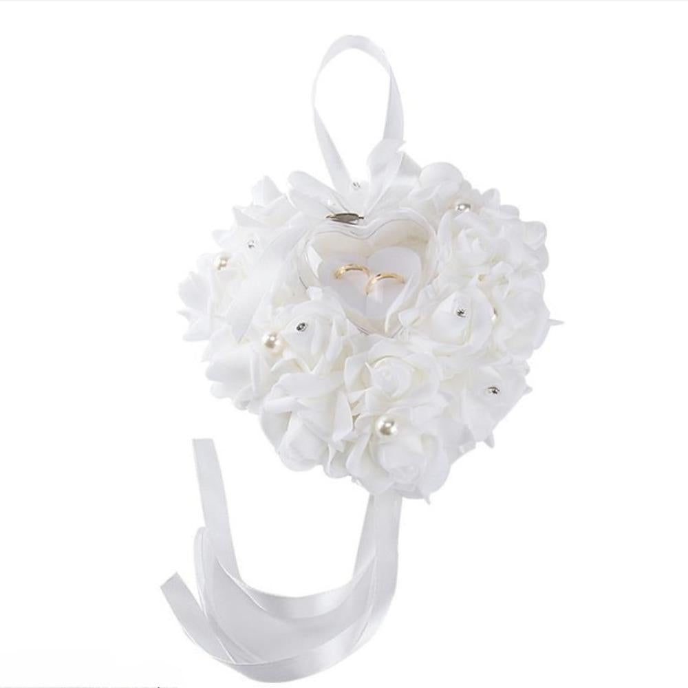 White wedding ring pillow lace crystal rose love heart ring box ceremony gift