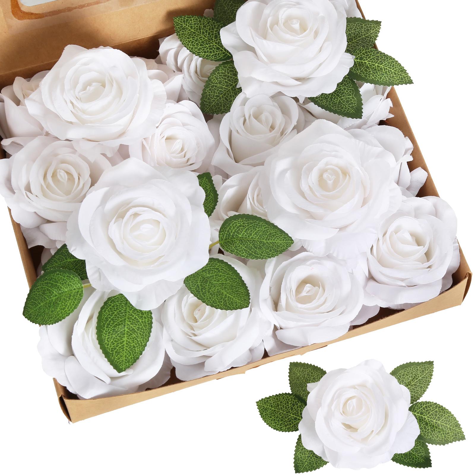 White artificial rose leaves 20pcs with stems for DIY wedding bouquet wreath garland party decor