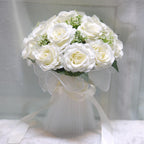 White artificial rose bridal bouquet for wedding ceremony and bridesmaid