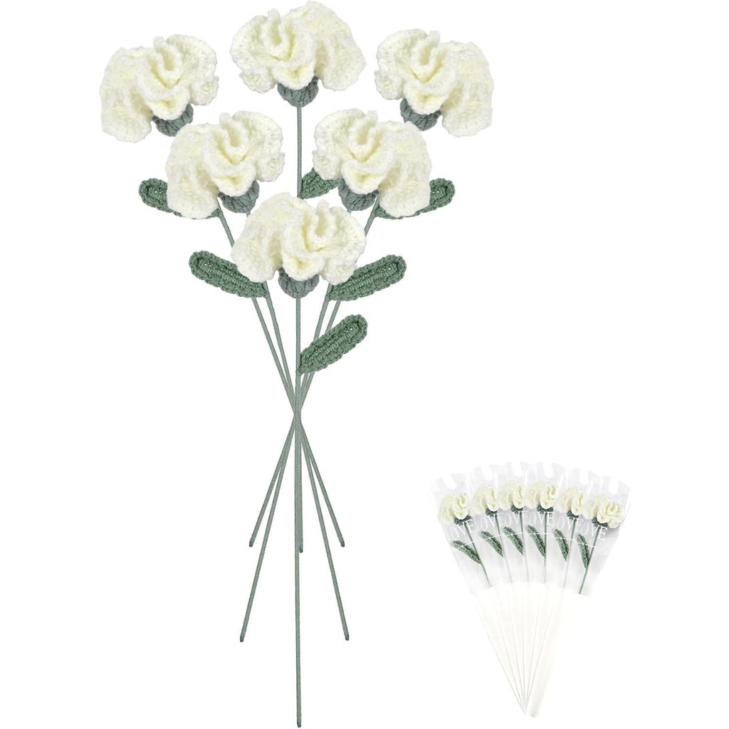 White handmade crochet carnation flowers 6pcs 16.9 inch bendable stem for vase table home decor