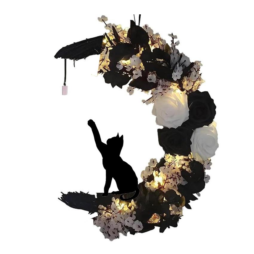 White Halloween bat black branch wreath glowing garland front door wall decor