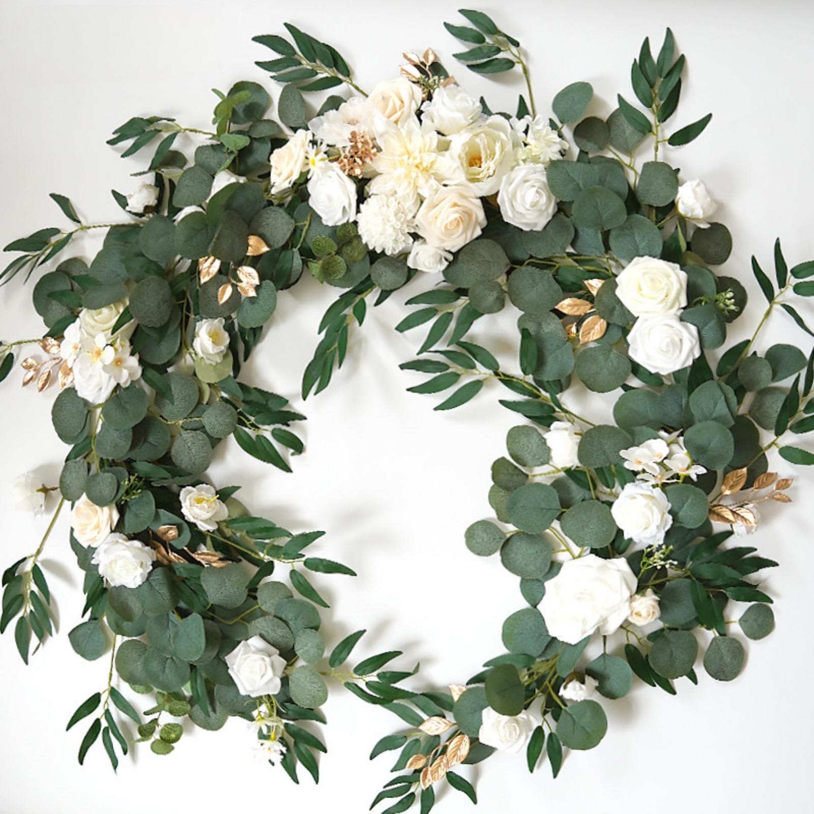 White artificial eucalyptus rose garland 5.9ft wedding table runner backdrop decor