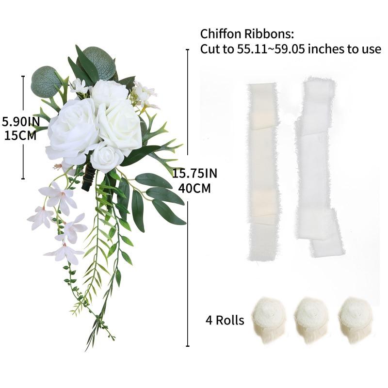 White artificial flower chair decoration with chiffon ribbon for wedding ceremony party
