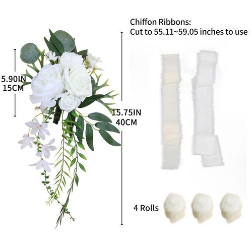 White artificial flower chair decoration with chiffon ribbon for wedding ceremony party