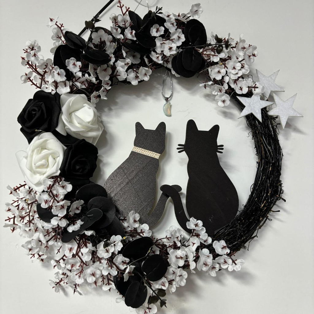 White Halloween black cat moon wreath with rose flowers front door wall decor