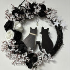 White Halloween black cat moon wreath with rose flowers front door wall decor