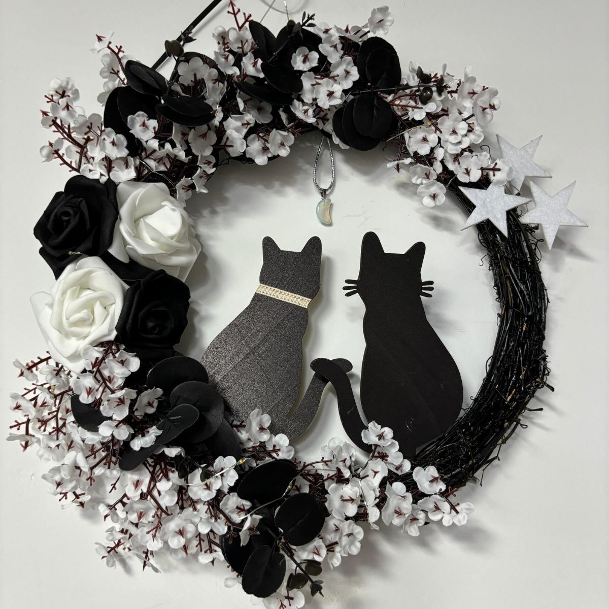 White Halloween black cat moon wreath with rose flowers front door wall decor