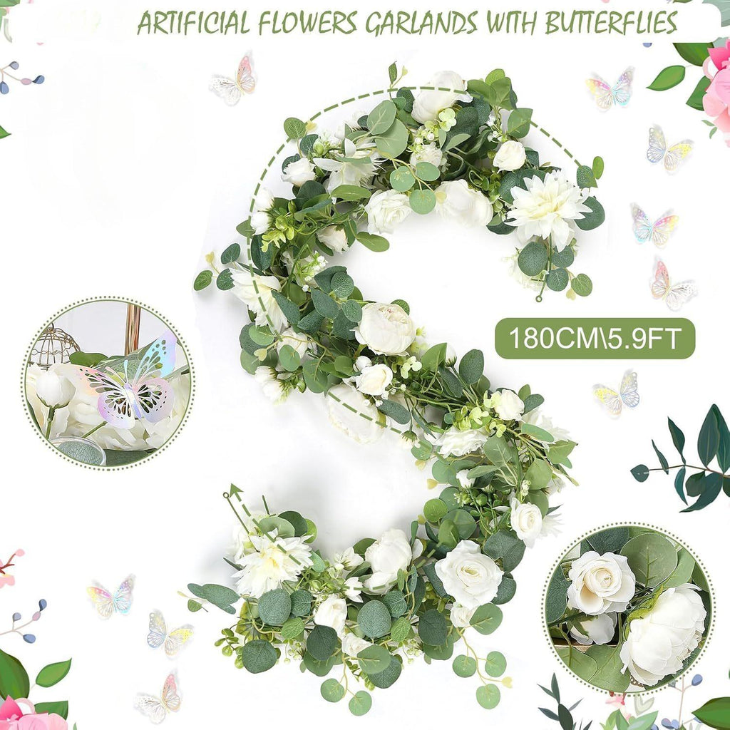 White artificial rose and eucalyptus garland for wedding ceremony backdrop and home decor
