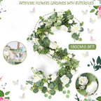 White artificial rose and eucalyptus garland for wedding ceremony backdrop and home decor
