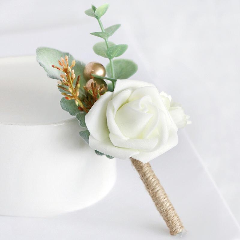 White artificial flower boutonniere for wedding groom groomsmen suit corsage