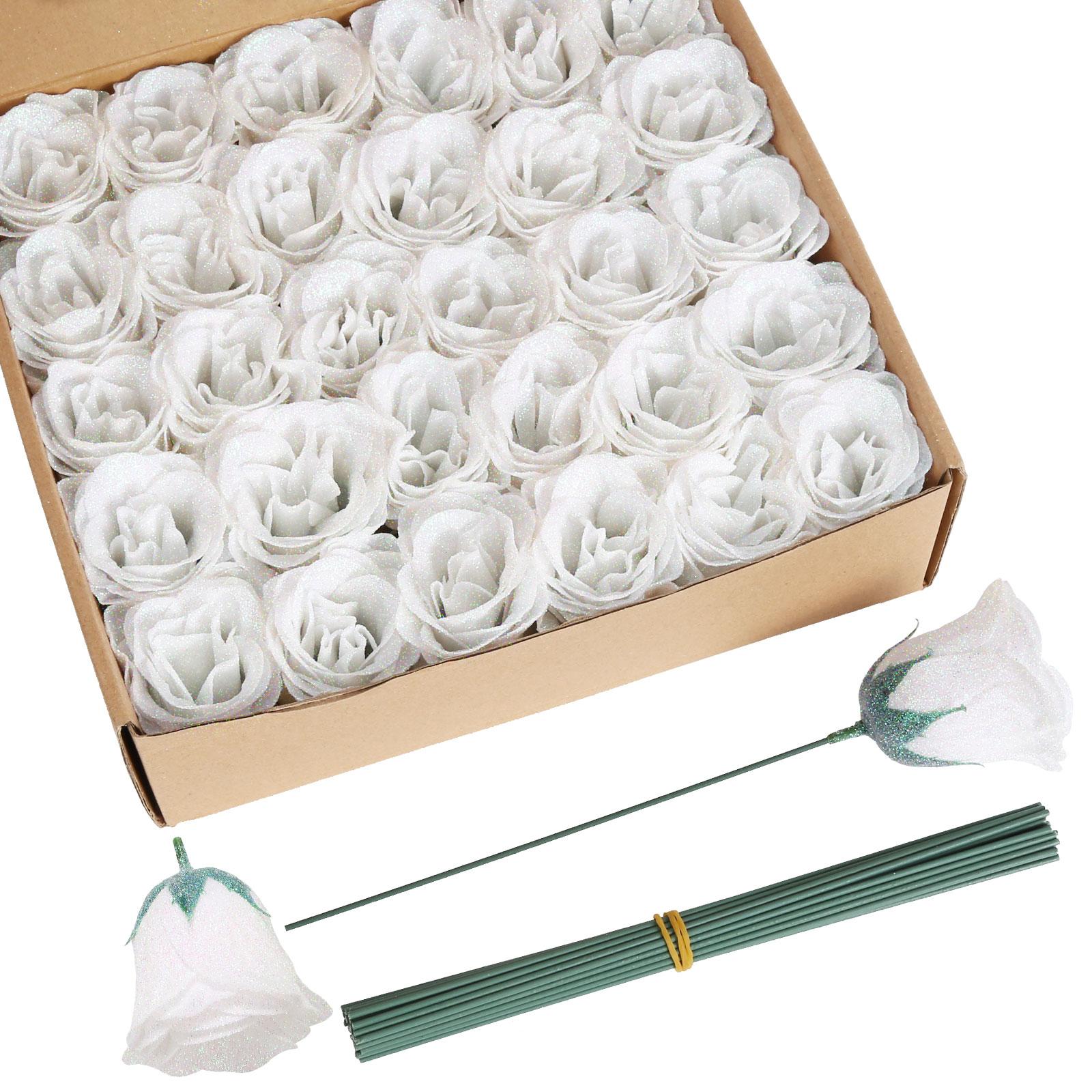 White glitter roses bouquet 30pcs with stems for wedding party Christmas home decor