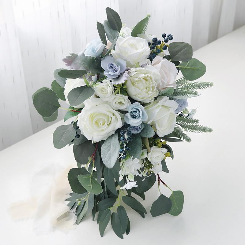 White blue artificial bridal wedding bouquet vintage floral for bride bridesmaid