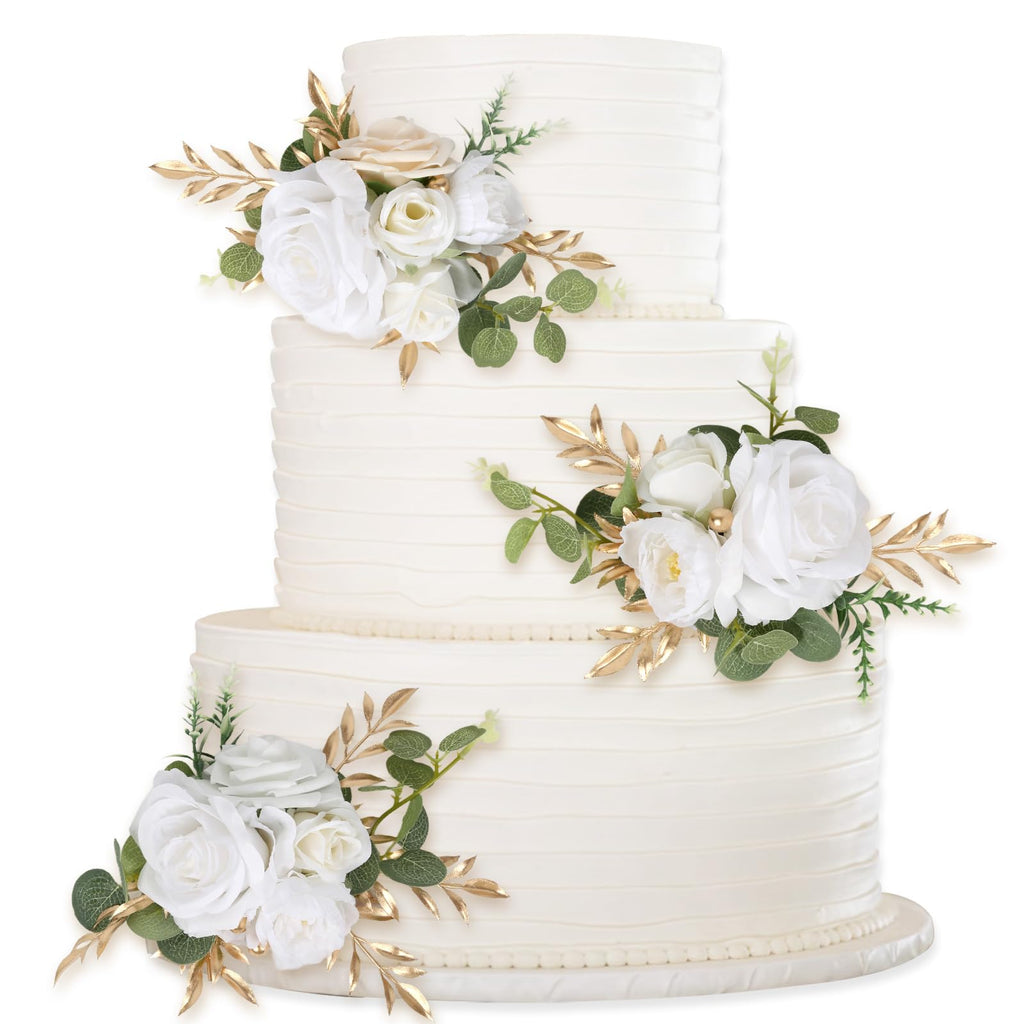 White terracotta artificial floral cake toppers 3pcs for wedding birthday anniversary party