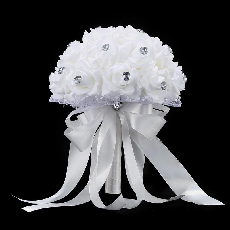 White crystal diamond rose bridal bouquet artificial flowers for wedding bride bridesmaid church