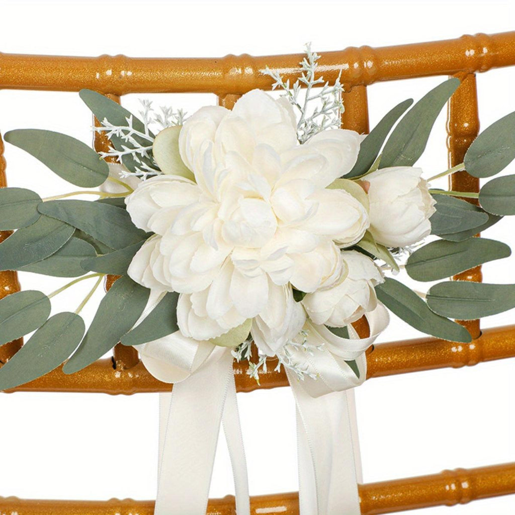 White artificial rose chair decor 4pcs eucalyptus ribbon wedding ceremony aisle decor