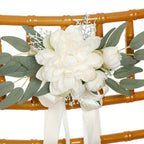 White artificial rose chair decor 4pcs eucalyptus ribbon wedding ceremony aisle decor
