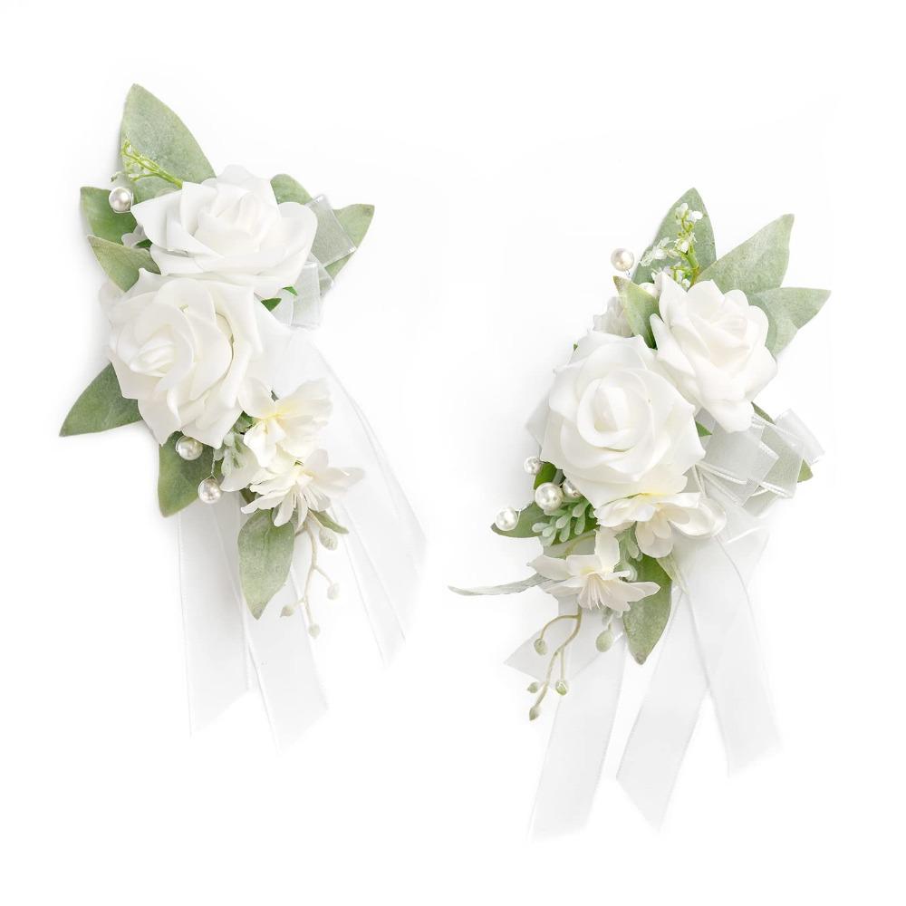 White artificial flower corsage set 2pcs for wedding prom homecoming mother daughter