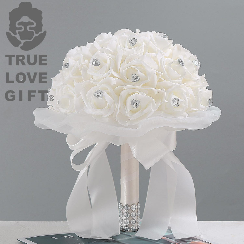 White crystal artificial rose bridal bouquet for bride bridesmaid church wedding party photo shoot