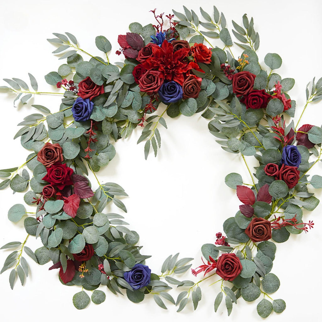 Wine red artificial eucalyptus rose garland 5.9ft wedding table runner backdrop decor
