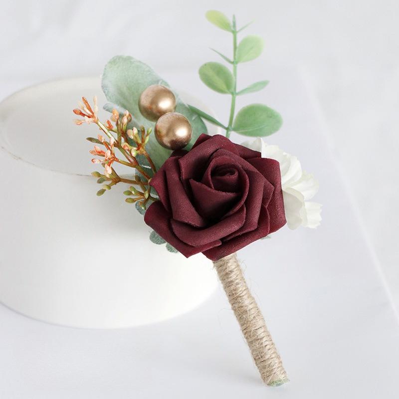 Wine red artificial flower boutonniere for wedding groomsmen suit corsage