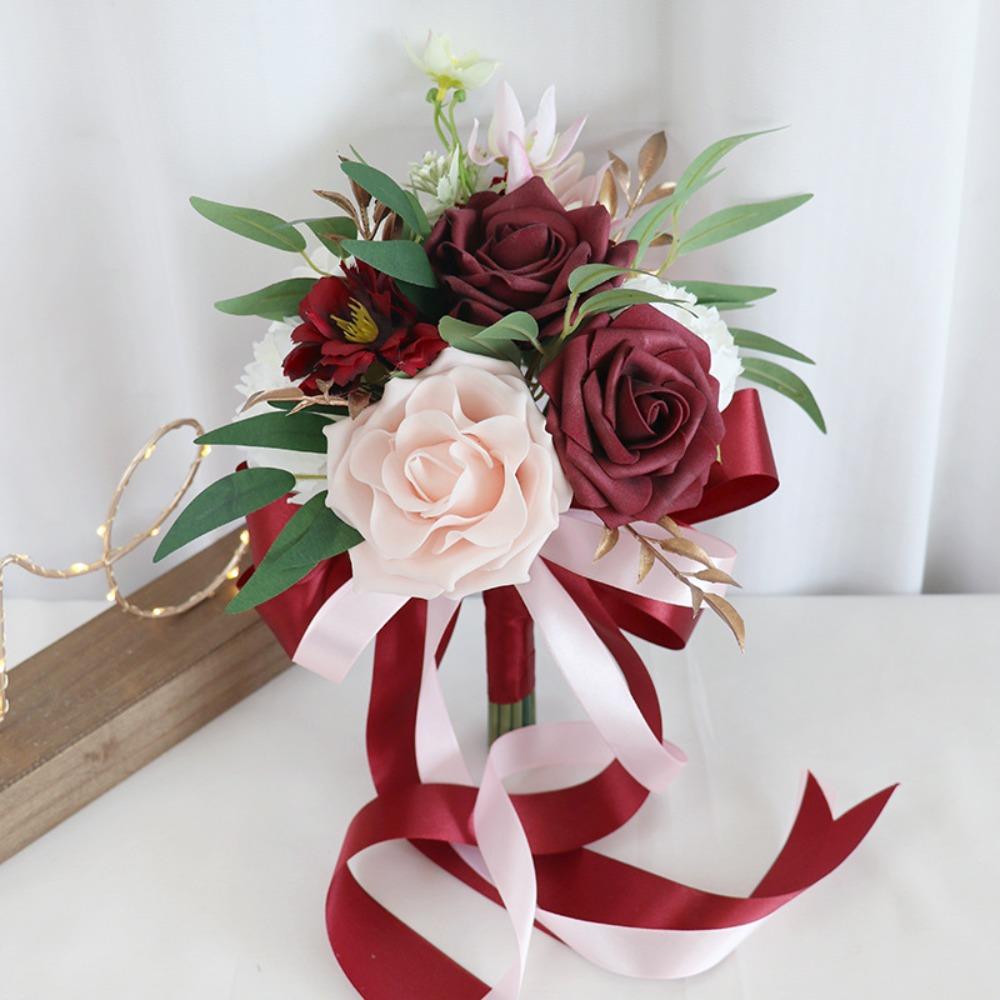 Wine red artificial rose bridal bouquet for bride bridesmaid tossing wedding ceremony prom