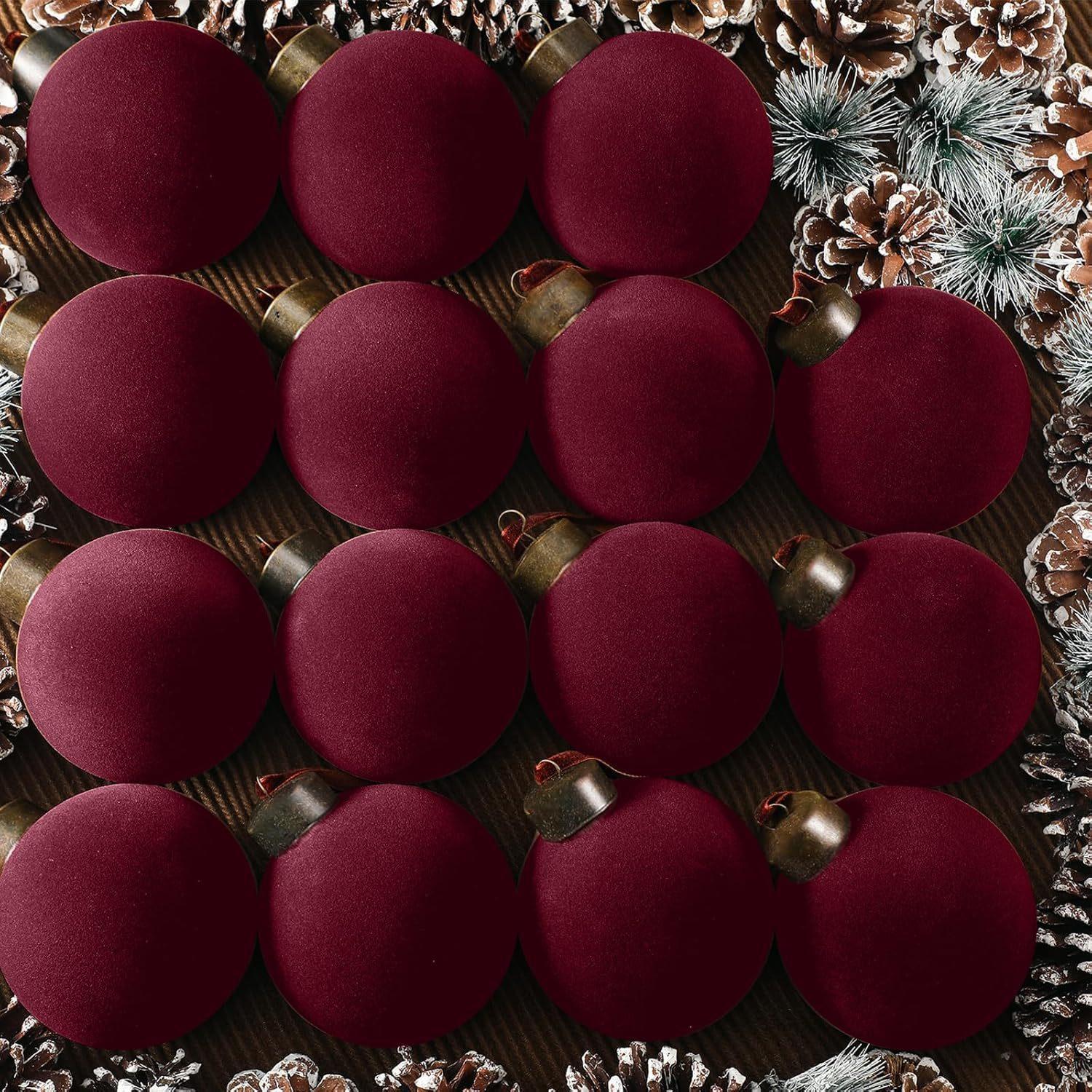 Wine red velvet Christmas ball ornaments 3.15 inch shatterproof flocked xmas tree bulbs holiday decor