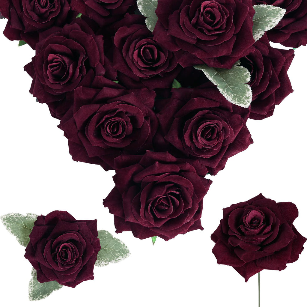 Wine red artificial velvet roses 16pcs 4.3 inch for wedding bouquet centerpiece home decor