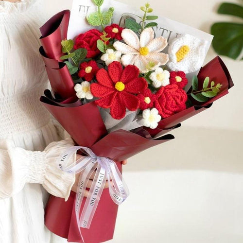Red Wrapped Crochet Sunflower Lily Bouquet for graduation mother's by IPOPU