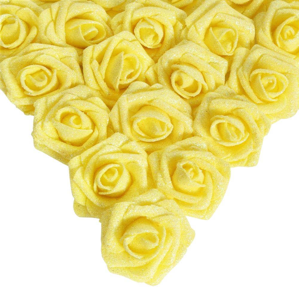Yellow glitter artificial roses 25pcs with stem for wedding bridal bouquet party decor