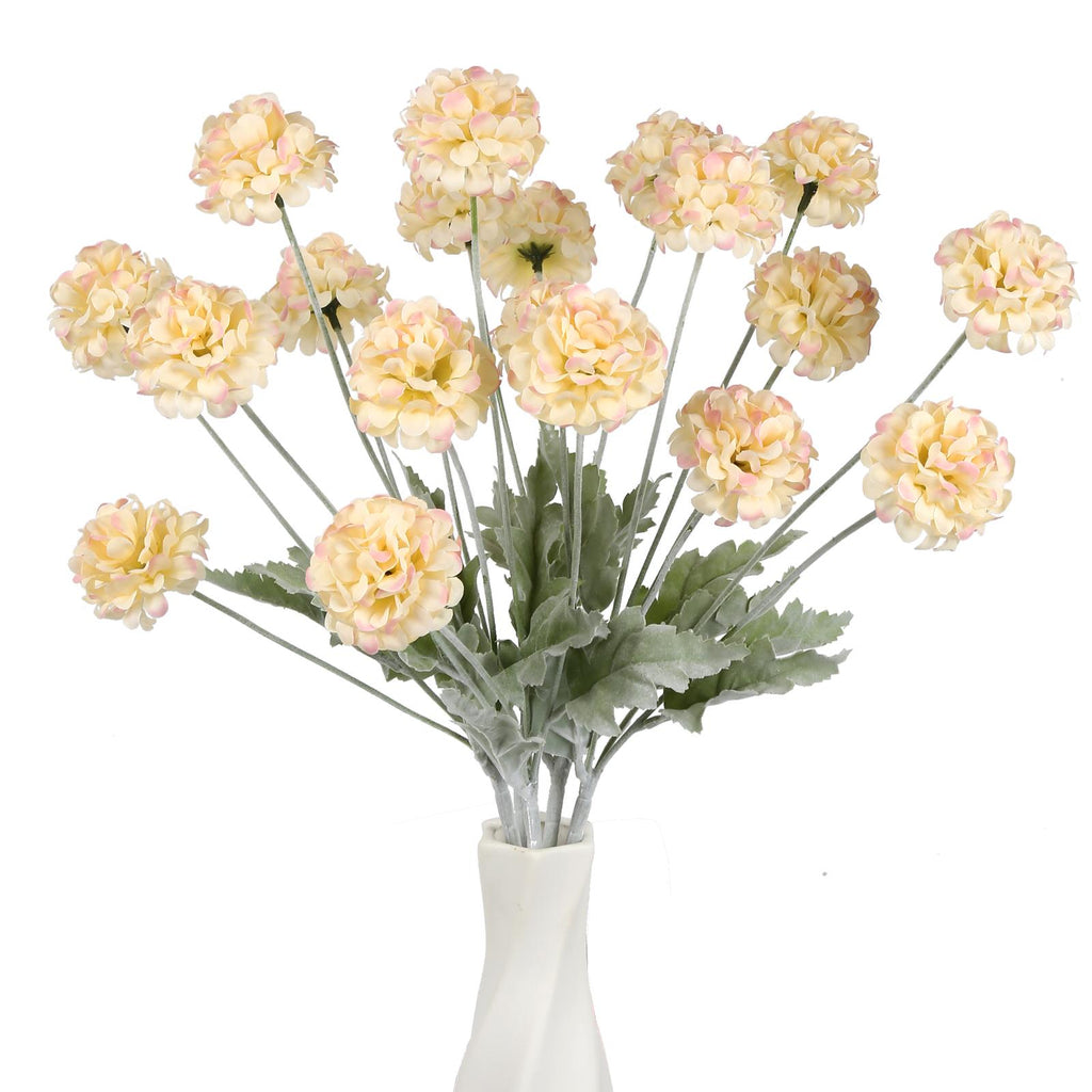 Yellow faux kiku chrysanthemum ball flowers 5pcs 24 heads flocking stems for wedding bouquet home decor