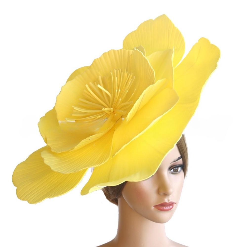 Yellow large flower fascinator hat for Derby tea party and wedding headwear
