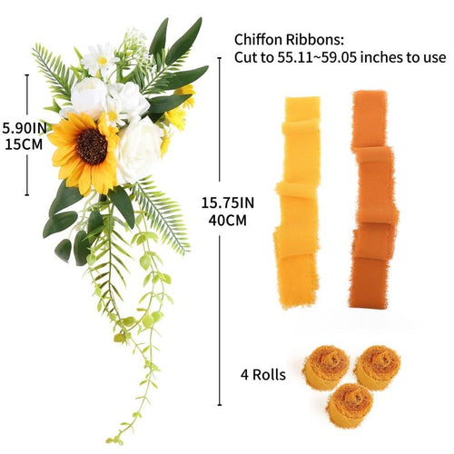Yellow artificial flower chair decoration with chiffon ribbon for wedding ceremony party