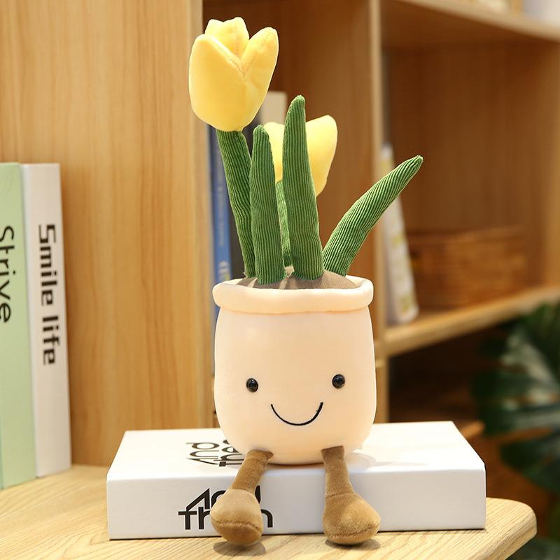 Tulip Flower Pot Stuffed Throw Plushie Pillow Doll, Soft Fluffy Plant Friend Hugging Cushion - Present for Every Age & Occasion