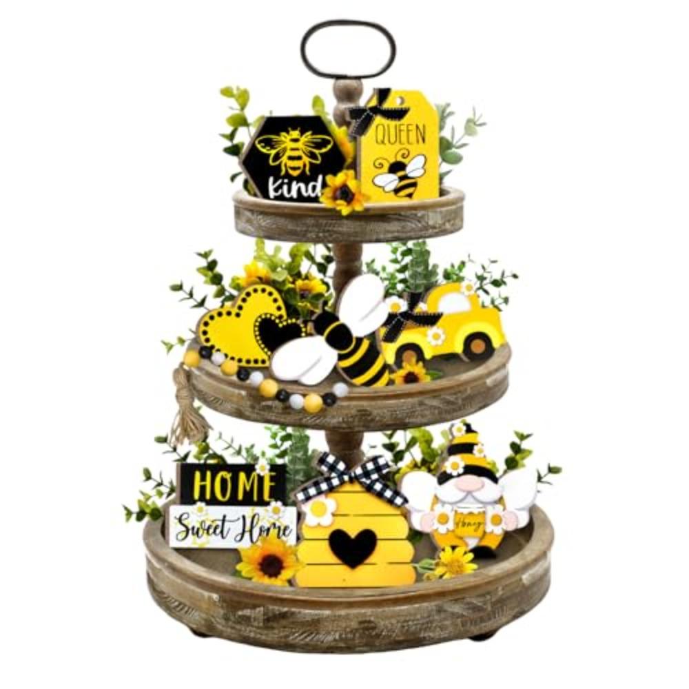 Farmhouse tiered tray decoration set with bumble bee gnome honey truck and hive wooden signs for home decor
