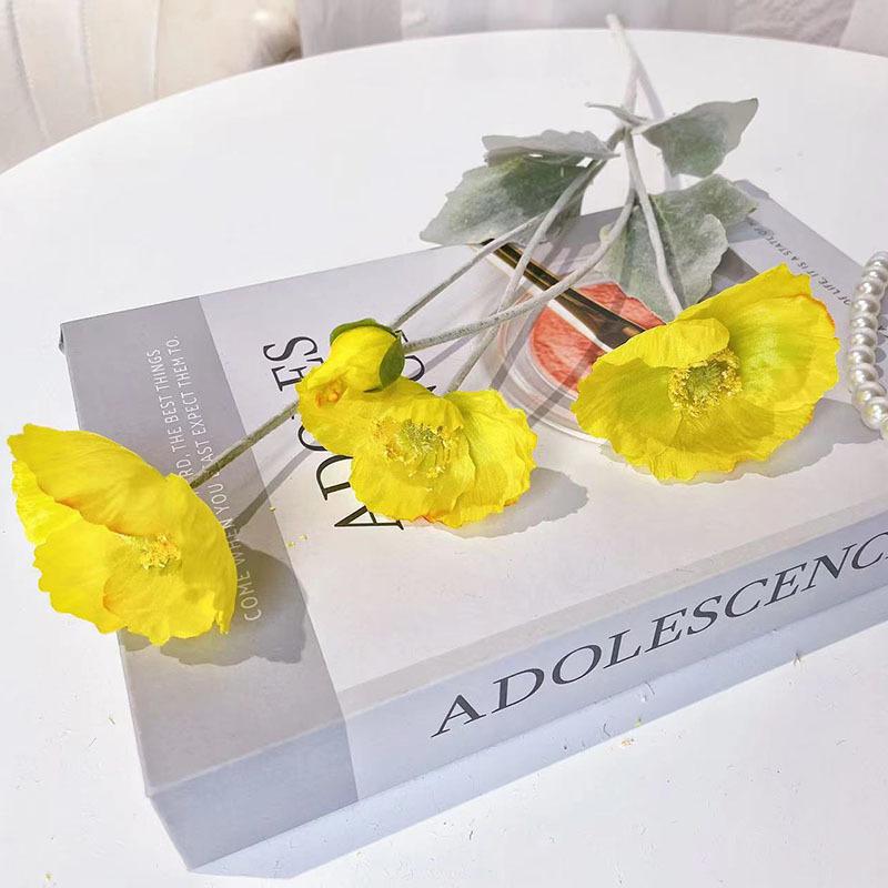 Yellow silk artificial poppy flowers 8pcs with stem for wedding party table centerpiece home decor