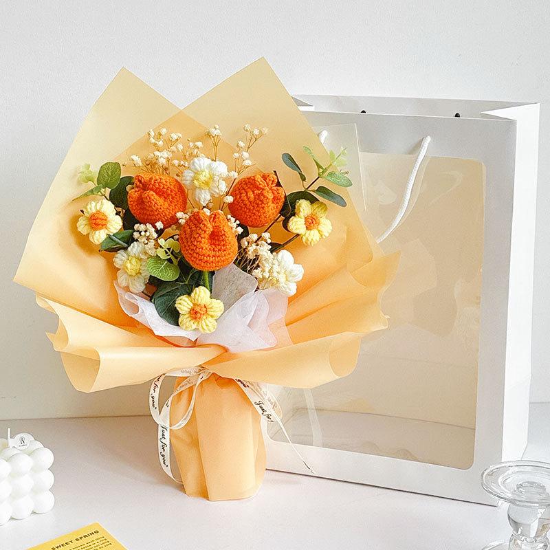 Yellow handmade crochet flower bouquet sunflowers roses eucalyptus for Mother's Day graduation gift