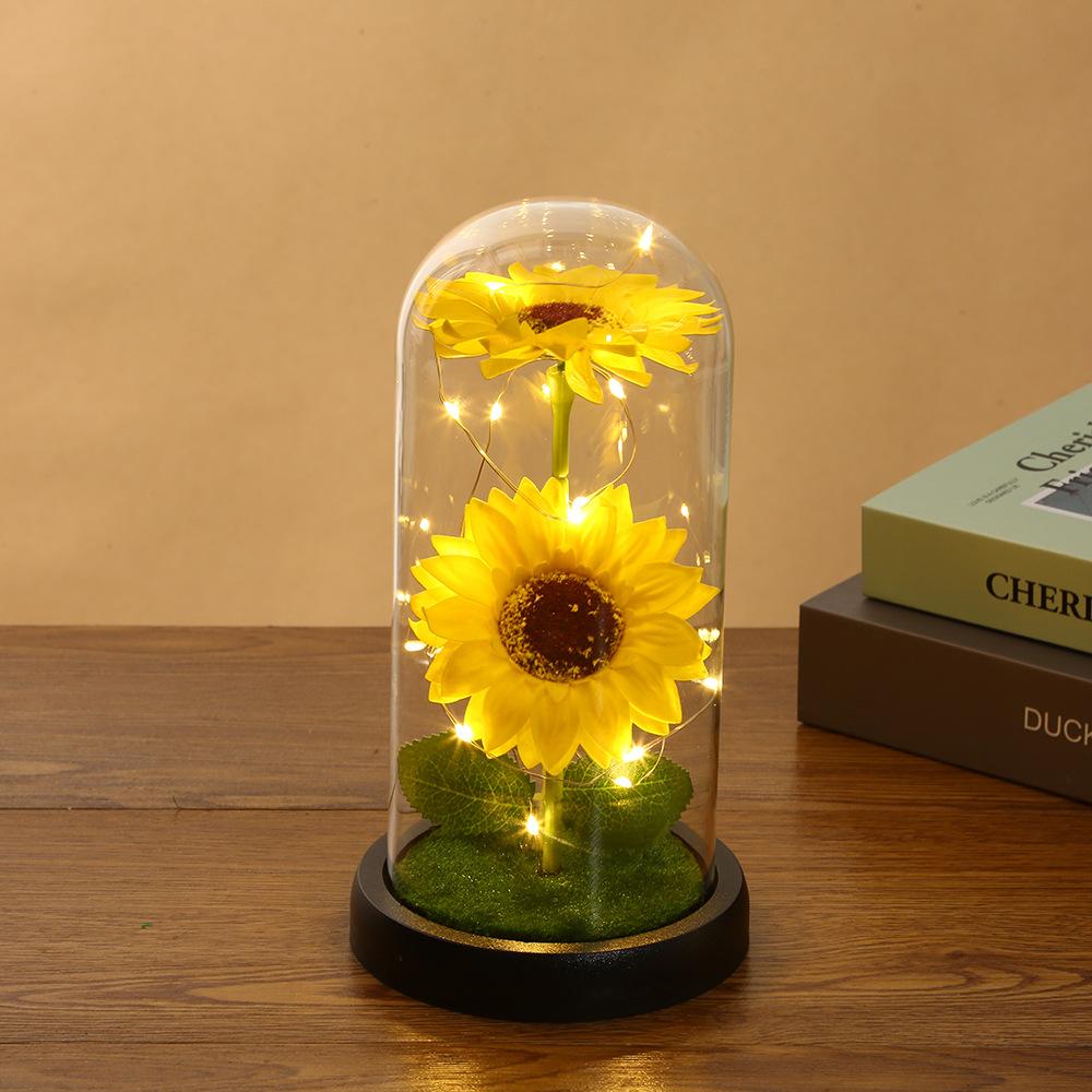 Yellow preserved sunflower glass dome lamp with LED lights gift for her