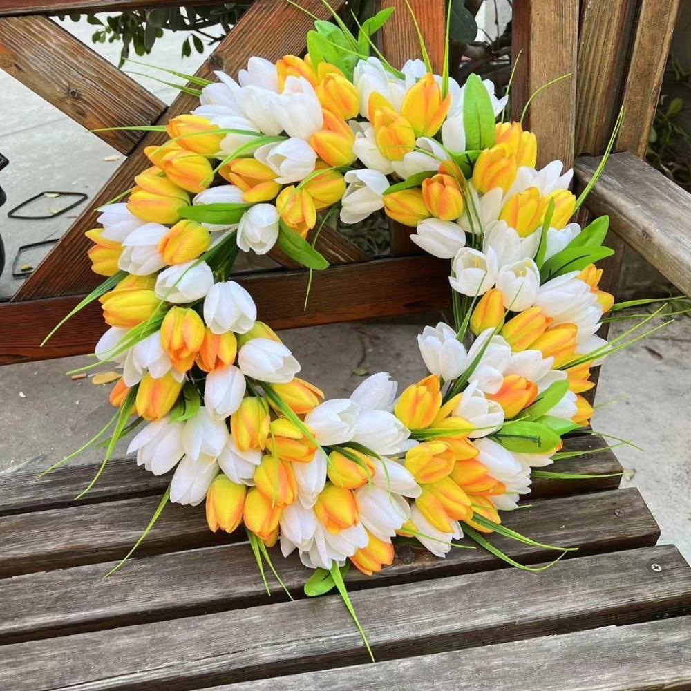 Artificial Door Wreath Spring Tulip Wreath for Front Door, Mothers Day Artificial Flower Wreaths with Pink Tulips for Wall Window Party Wedding Decor