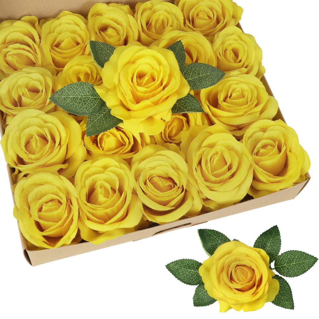 Yellow artificial rose leaves 20pcs with stems for DIY wedding bouquet wreath garland decor