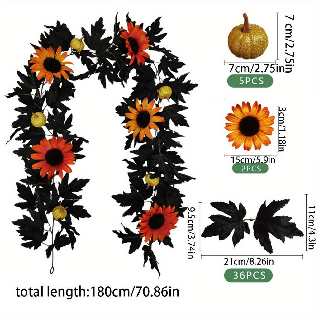 Yellow black Halloween garland 5.9ft artificial maple leaf sunflower pumpkin vine decor