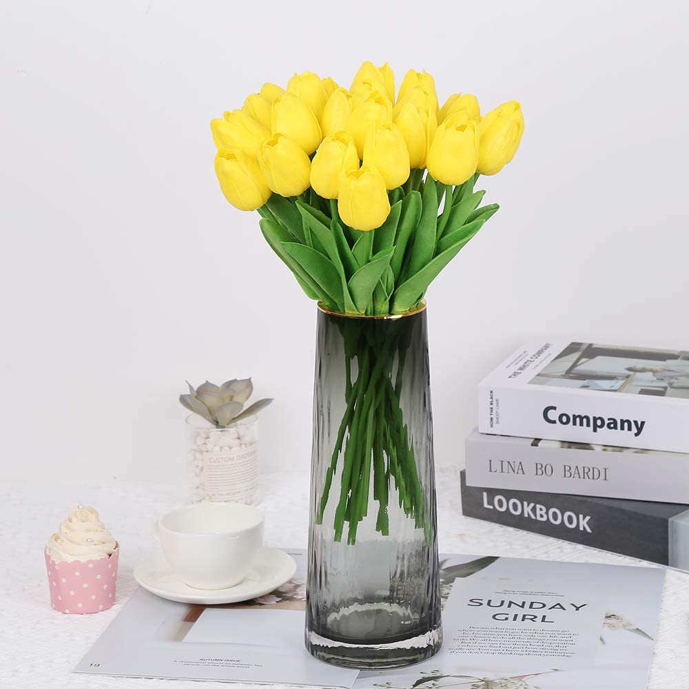 24Pcs Artificial Tulips Real Touch Artificial Flowers Fake Tulips with Long Stems for  Wedding Party Home Garden DIY Floral Arrangement Decor