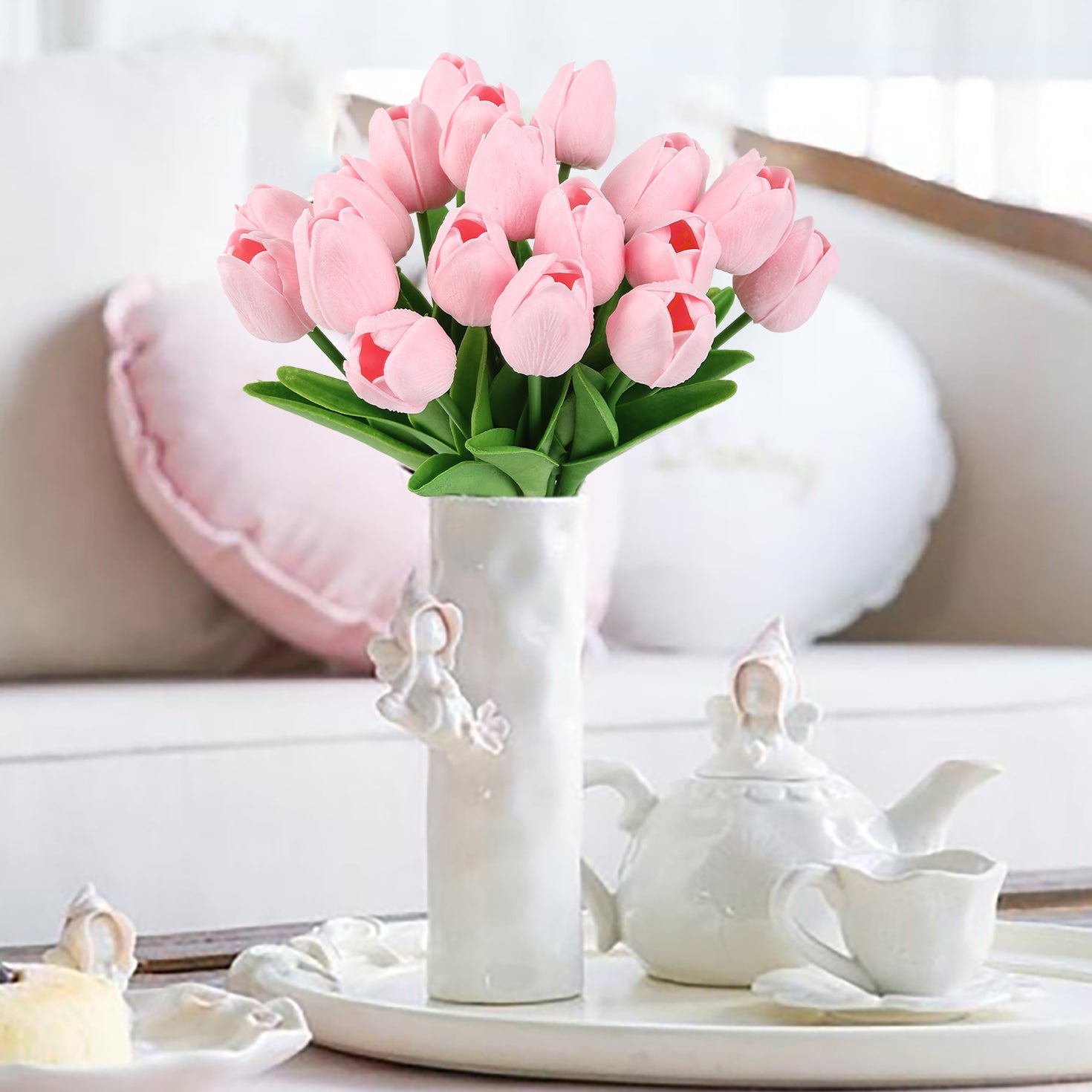 24 pieces of artificial tulips are used for decorating fake tulips, flower arrangement, artificial tulip decoration, dining table, home decoration, baby shower center decoration