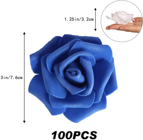 100pcs Royal Blue Artificial Rose Flower Heads, 3inch White Foam Roses Bulk Stemless Fake Flower