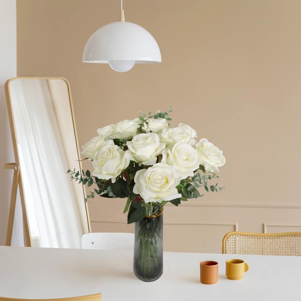 12Pcs White Roses Artificial Flowers Bulk Fake Silk Roses Bouquet