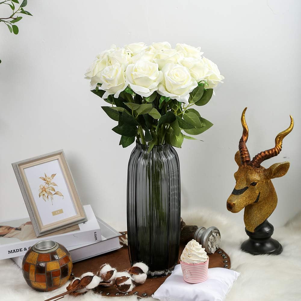 12Pcs White Roses Artificial Flowers Bulk Fake Silk Roses Bouquet