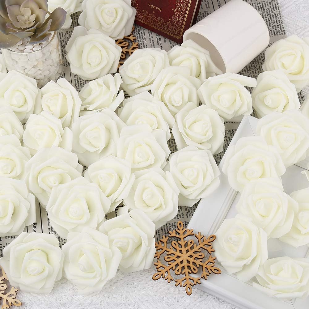 100 Pcs Real Looking Ivory White Foam Fake Roses