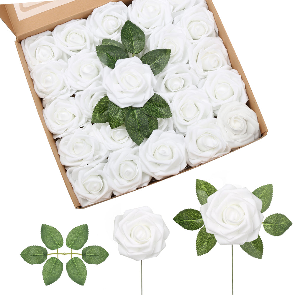 25pcs Artificial Flower Foam Rose Real Touch Roses Flower Heads with Stem