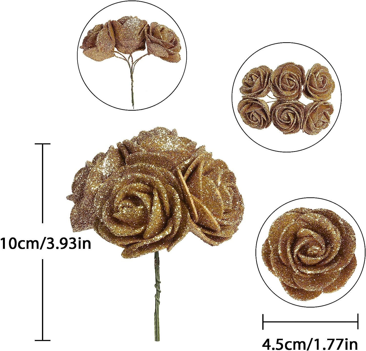 60pcs Mini Gold Glitter Foam Rose, 4.5cm Artificial Rose Flowers Bulk